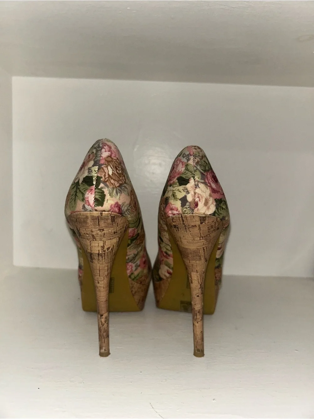 Forever 21 Floral Cork Platform Heels - Pink, Green, Brown